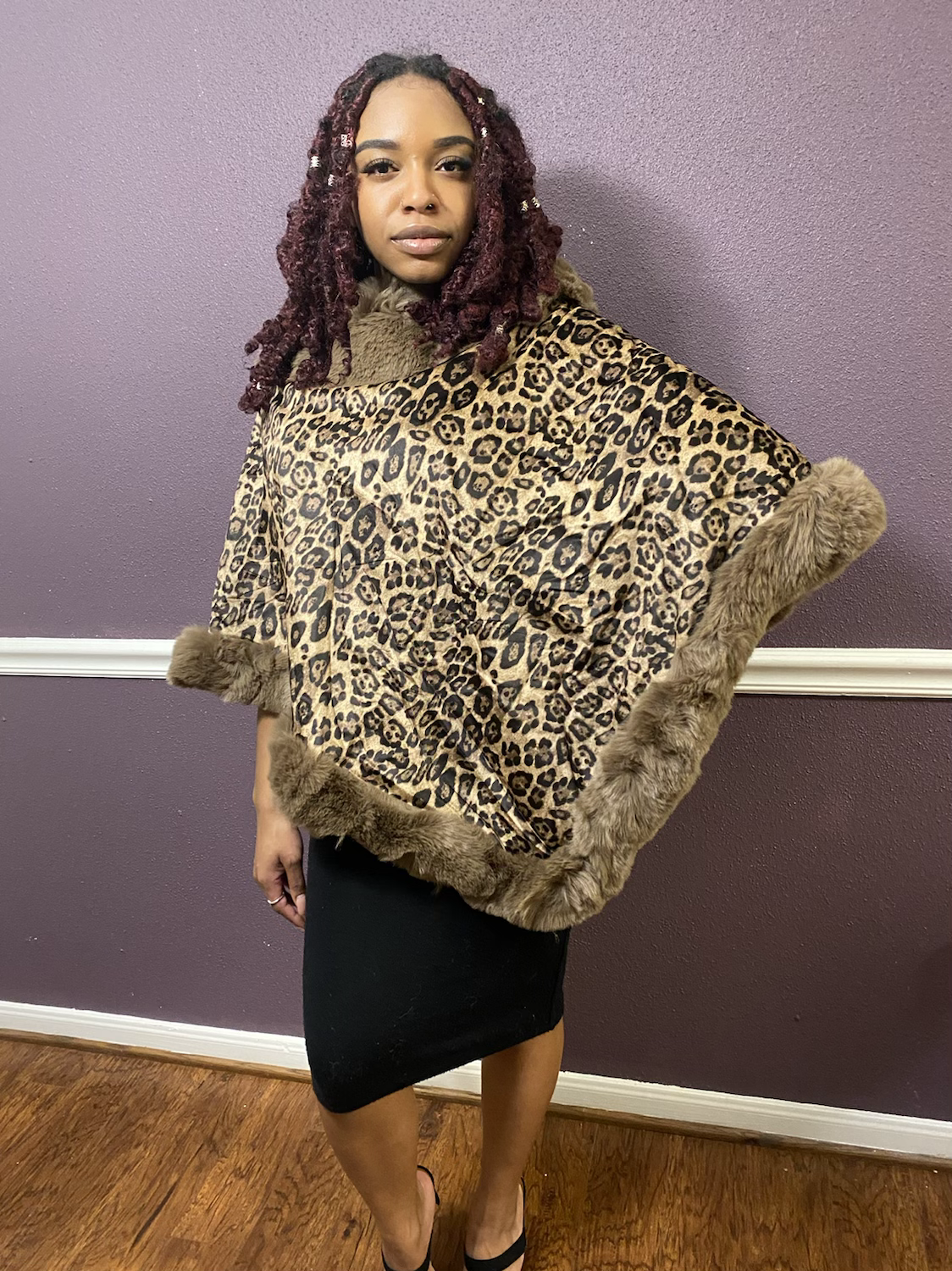 Leopard Over The Head Faux Fur Poncho