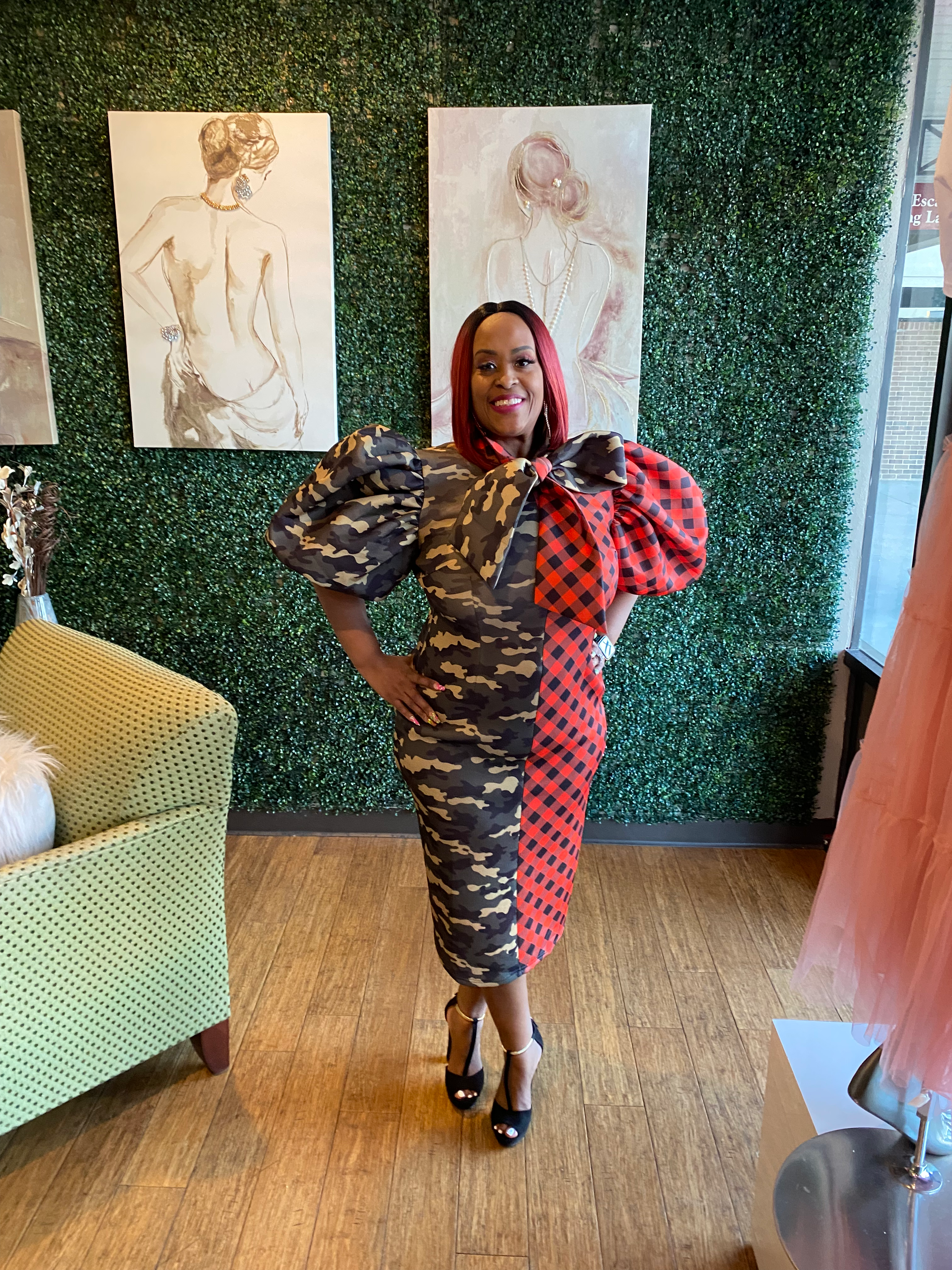 Print Puff Sleeve Camo & Red Dress