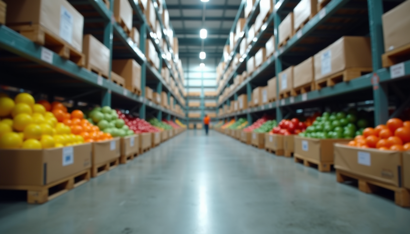 Eye-level view of refrigerated warehouse with fresh produce pallets