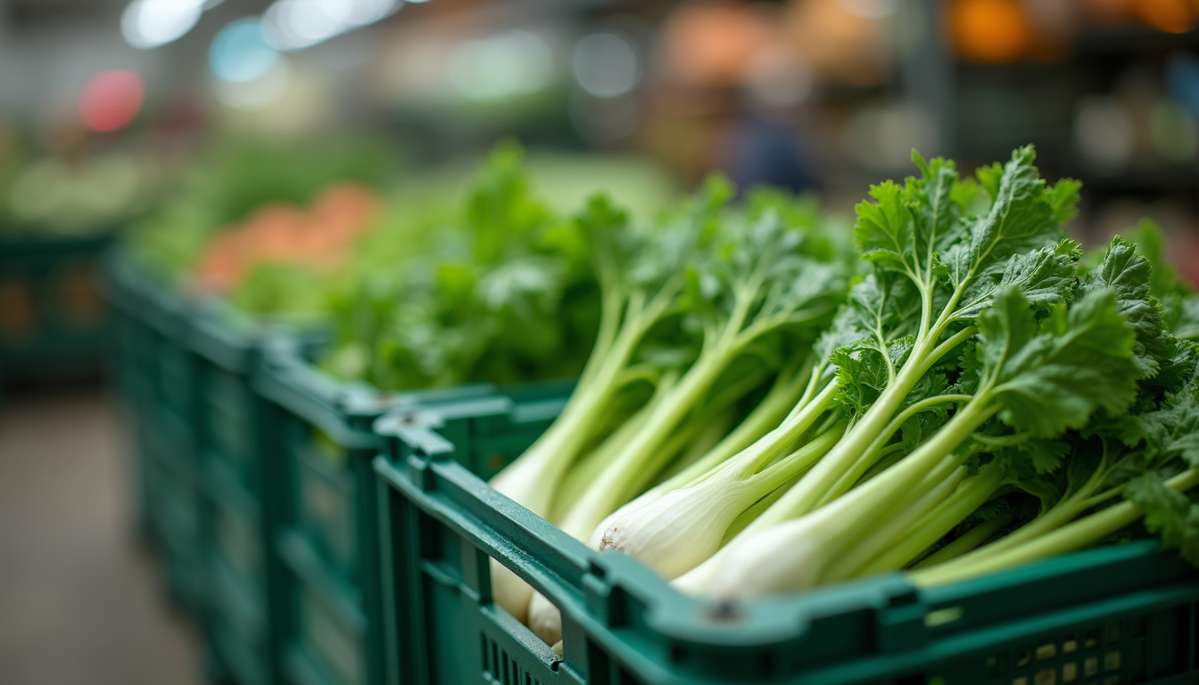 Close-up view of fresh green vegetables packed in ventilated crates
