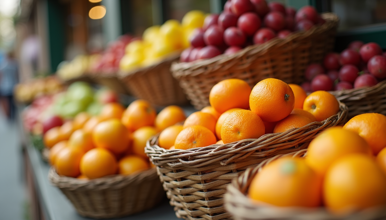 Close-up view of a stack of classic baskets filled with fresh fruits