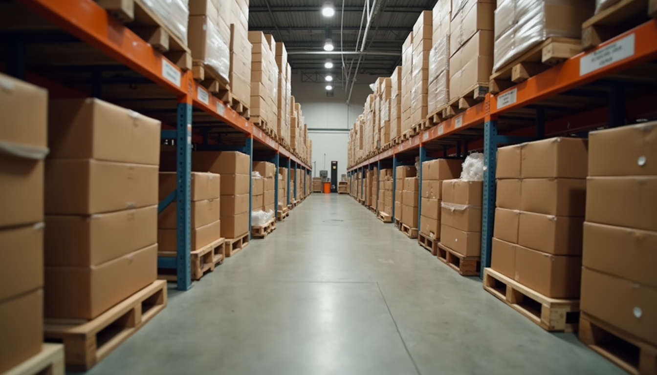 Eye-level view of a warehouse with stacked classic baskets ready for distribution