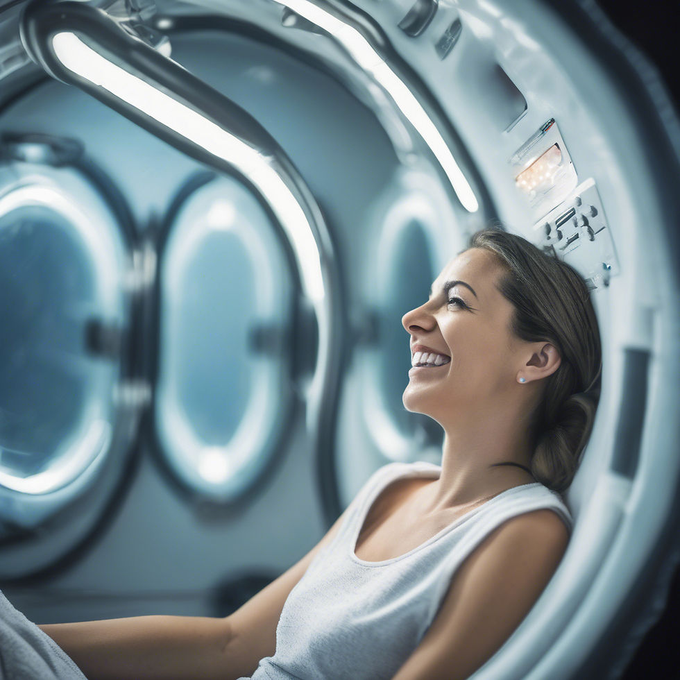 Show a woman, smiling, up close, sitting back, relaxing and slowly breathing while in a hy