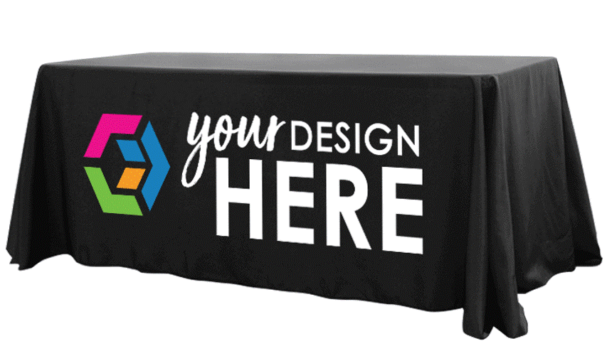 Commercial table covers (also called trade show table covers, table throws, or fitted tablecloths) are branded fabric covers designed for standard event tables. They turn a plain table into a professional branded display and are one of the highest-ROI pieces of event marketing.

Standard sizes
Most commercial/event tables are:

6 ft (72″ long × 30″ deep × ~29–30″ high) — most common
8 ft (96″ long × 30″ deep)
Also available for 4 ft tables and round/cocktail tables

An 8 ft cover can usually be used on a 6 ft table by tucking the excess.
Why they work well for advertising

Instant professional appearance
Large printable surface for logos, messaging, QR codes, and full-color graphics
Hide storage, boxes, or personal items underneath
Reusable across many events
Machine-washable (most polyester versions)
Dye-sublimation printing produces vibrant, permanent colors that won’t crack or peel

Common materials: 300D or 600D polyester (industry standard for durability and print quality), stretch polyester/spandex blends, and some flame-retardant options required by many venues.
Best advertising & marketing uses

Trade shows and expos
Conferences, job fairs, and seminars
Retail promotions and pop-up shops
Medical practice or service events (open houses, health fairs, HBOT demos)
Registration and check-in tables
Product launches and community events
Hospitality and networking receptions