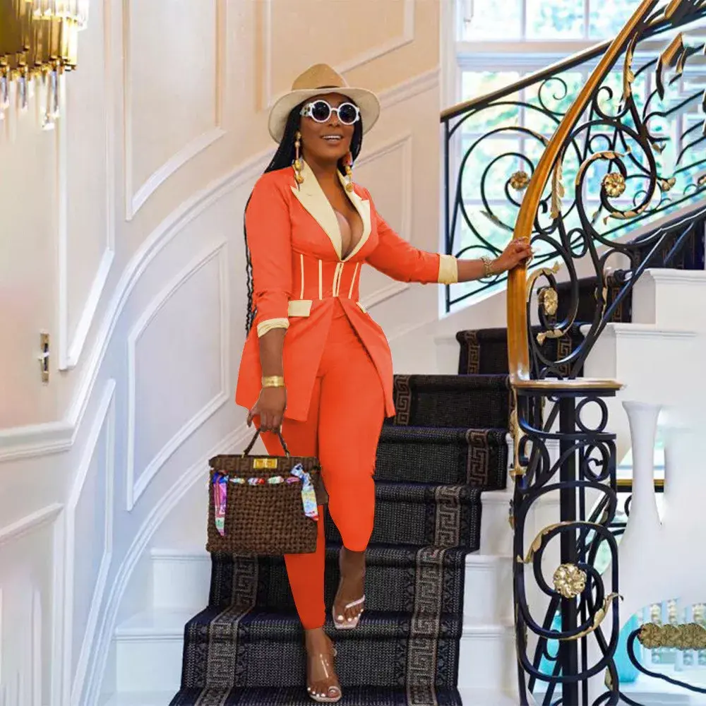 Shel's Casual Patchwork Blazer Coat and Pants 2 Piece Set