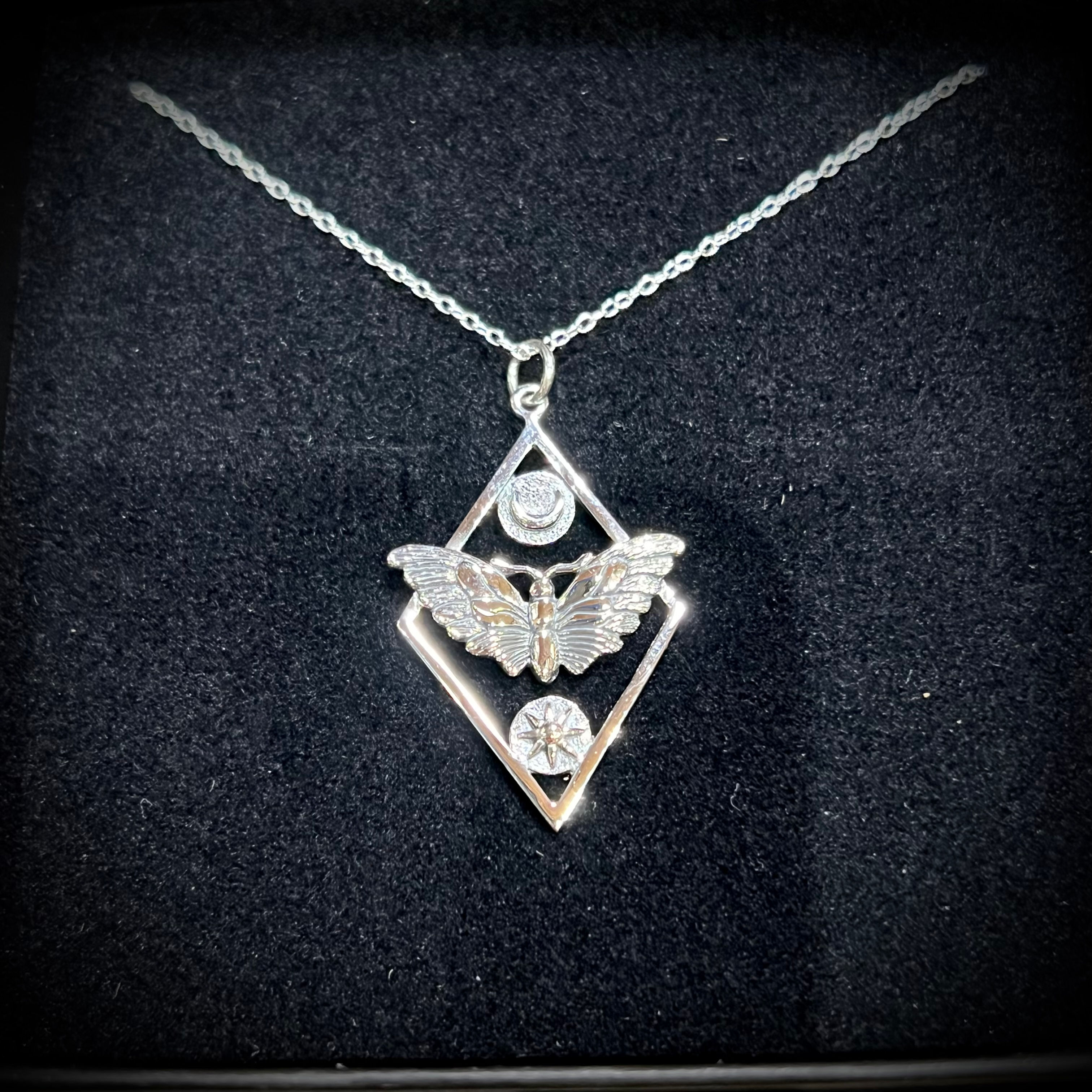 Collier argent Papillon, Lune et Soleil