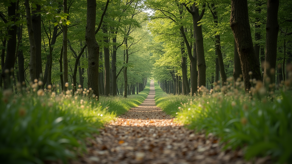 Eye-level view of a serene nature path surrounded by trees