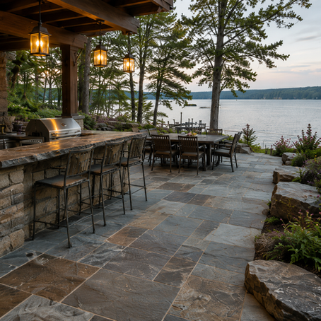 Natural stone patio with boulder retaining walls and lakefront landscape in Traverse City Michigan