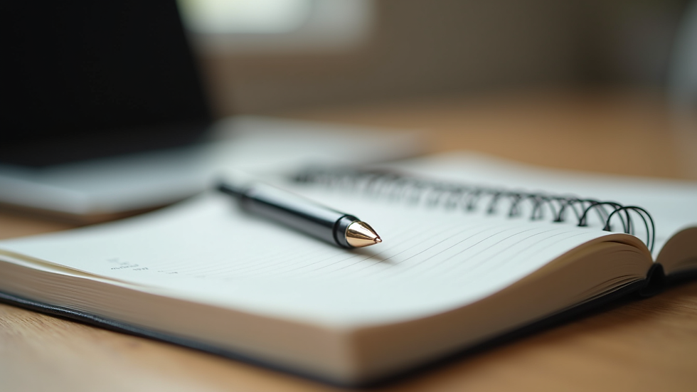 Eye-level view of a journal and pen on a wooden desk