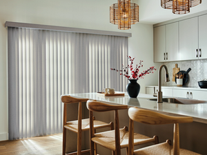 Beautiful dining room featuring Lumen Shade Solutions' elegant vertical blinds for enhanced home ambiance.