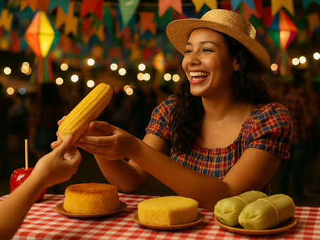 Mulher sorridente com camisa xadrez e chapéu de palha recebe uma espiga de milho em uma barraca decorada com bandeirinhas coloridas durante uma festa junina. Sobre a mesa, há bolo de milho, pamonha e maçã do amor