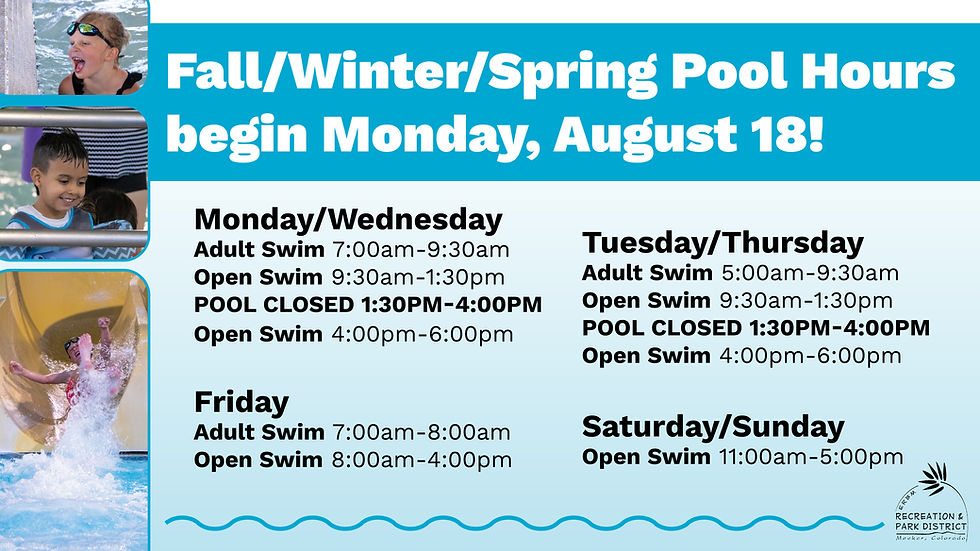 Text announces pool hours starting August 18. Images show kids swimming and playing. Blue tones dominate. Schedule details listed.