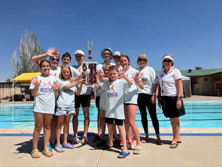 Group of people in matching shirts holding a trophy by a pool, smiling and raising hands. Clear sky and trees in the background.
