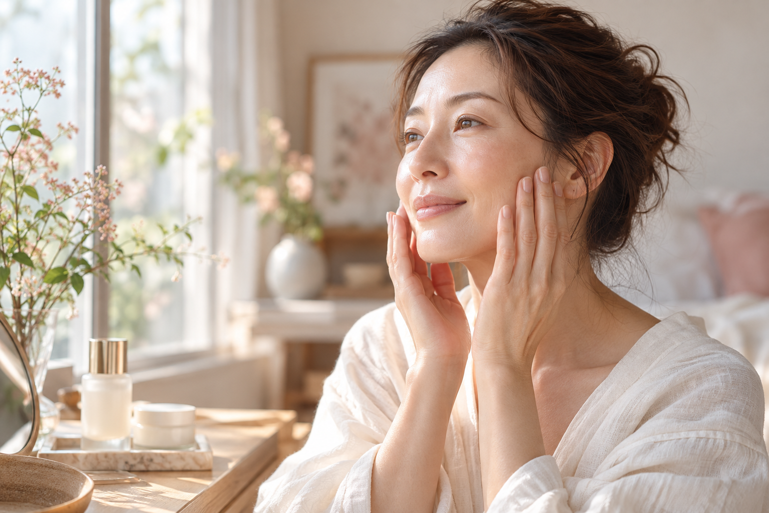 朝のスキンケアをする女性のイメージ