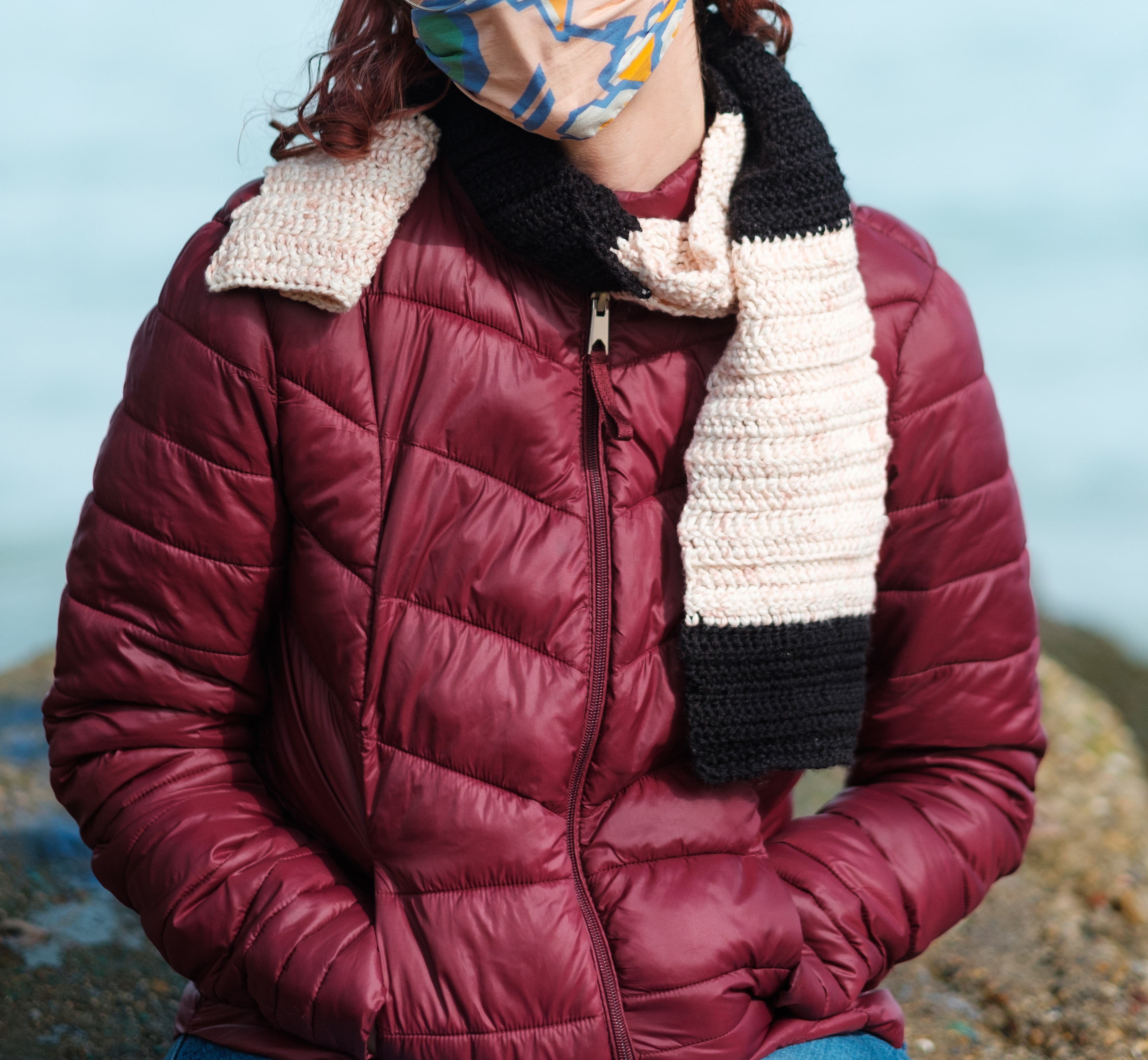 Crochet Scarf | Black, Light Pink