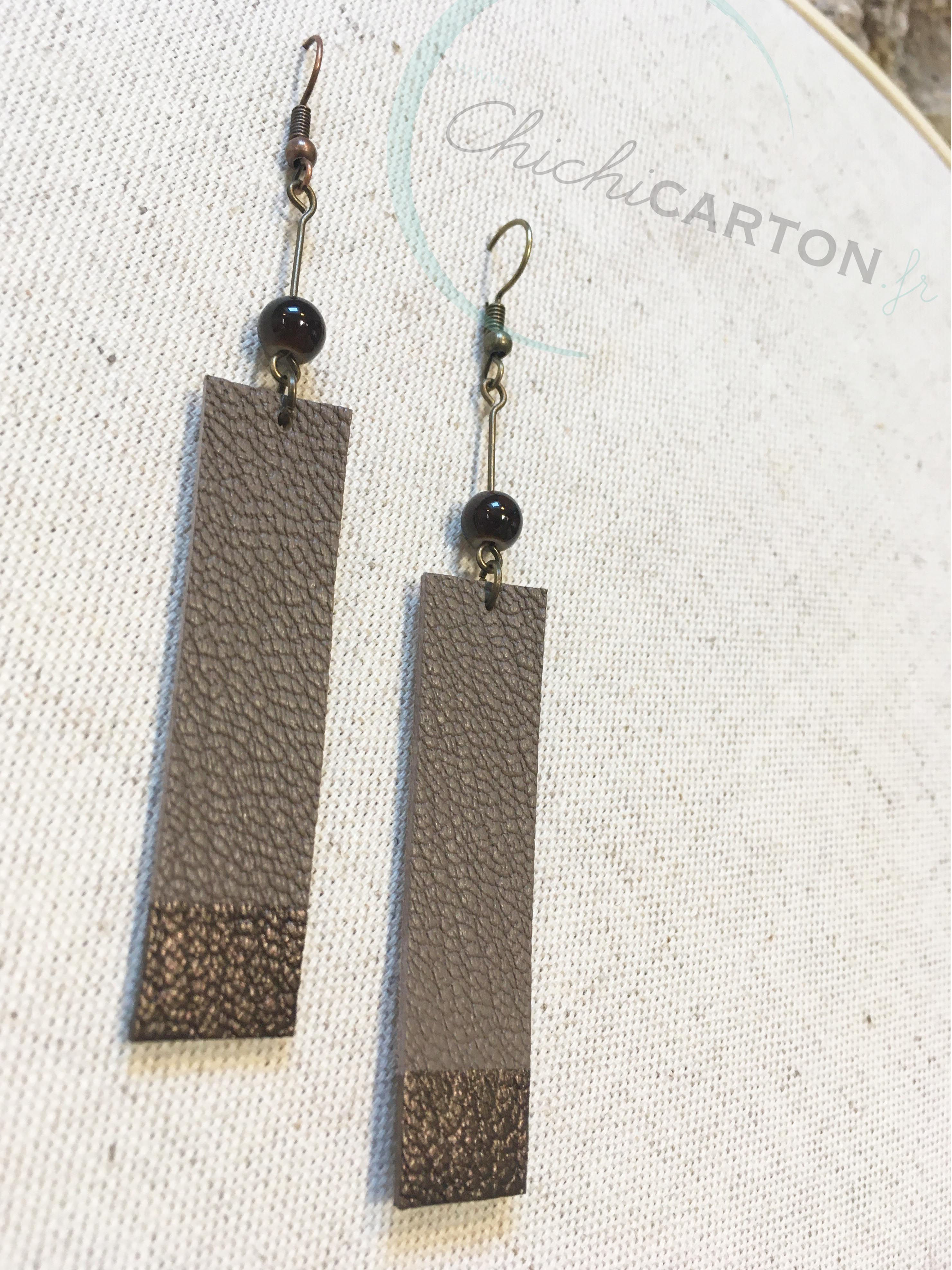 Boucles d'oreilles longues - Gris taupe & Cuivré