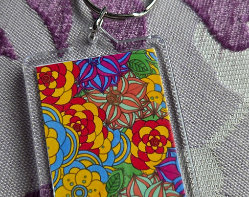 Unique 'Mandala Flowers 2' key ring in a multicoloured design.