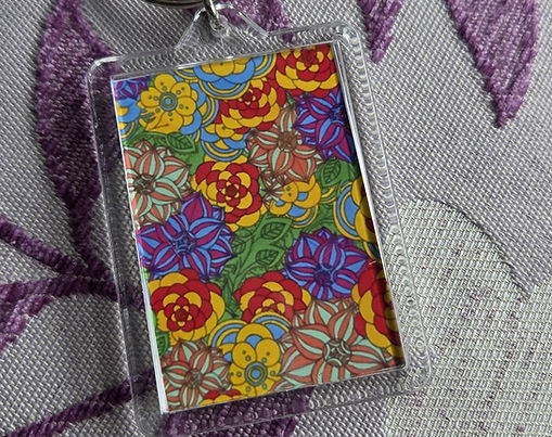Unique 'Mandala Flowers 3' key ring in a multicoloured design.