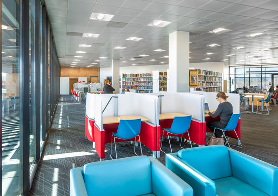 he Rawlings Library study area offers private workstations with modern furnishings, ample natural light, and comfortable seating. Designed for focused study and research, this space enhances productivity and user experience.