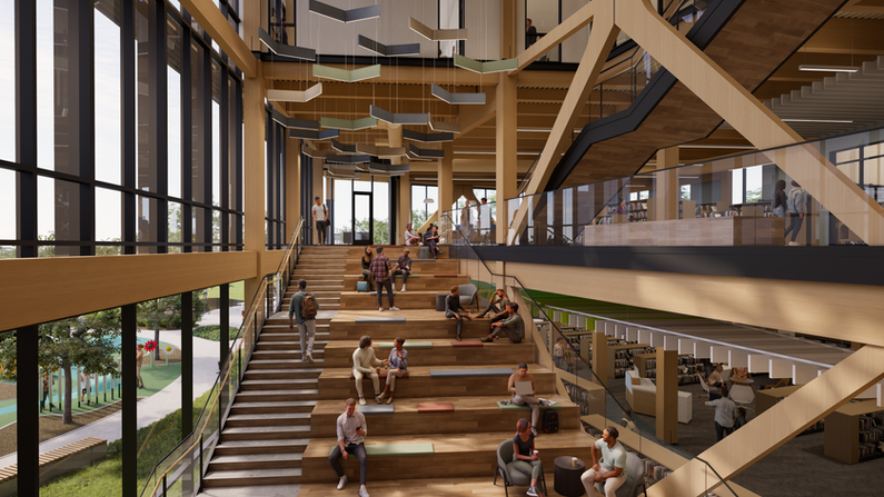 In-house made rendering of an interior view of the new Stark Library, Main Library. Featuring a wide, natural wood staircase and seating area, accentuated by pops of color and large, modern, floor-to-ceiling windows looking out to the courtyard.
