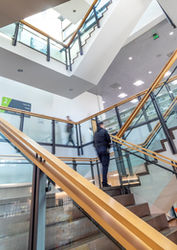 The central staircase at Rawlings Library features glass railings and wood accents, creating an open, light-filled space.
