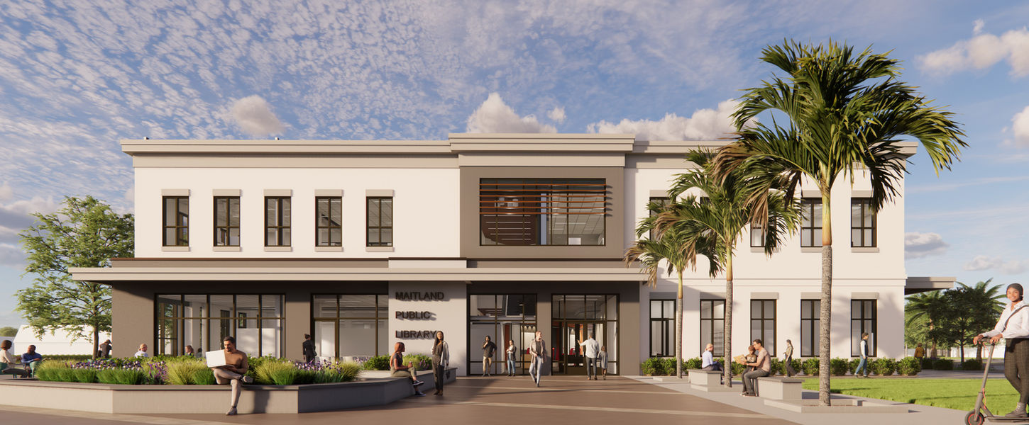 The main entrance features a welcoming plaza, palm trees, and expansive windows, creating a bright and community-centered space for learning and gathering.