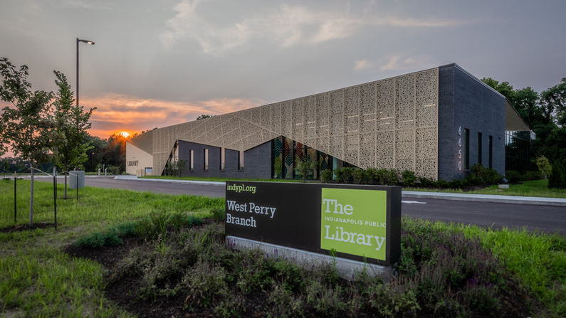 Exterior view of our multi-award-winning Indianapolis Public Library, West Perry Branch. This project has so far garnered 4 awards, including: 2021 AIA Cleveland; 2022 AIA Indiana Design Award; 2023 U.S. Green Building Council ENC Region- Green Building of the Year; 2024 ALA IIDA Library Interior Design Award.
Sustainabilty was a key part of this design process- some of these sustainable functions we included was amechanical system to help pump air throughout the building more efficiently, as well as adding solar cells to the roof which not only power the libary but also provide energy back to the grid.