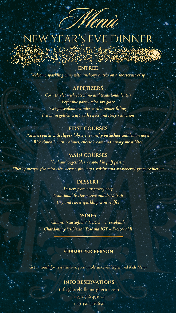 New Year’s Eve Dinner 2026 menu at Villa Margherita in Quercianella – Tuscan seafood dishes, festive gourmet specialties, panoramic sea-view dining