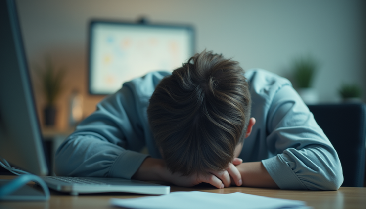Eye-level view of a person slumped over a desk with blurred surroundings, showing exhaustion and overstimulation