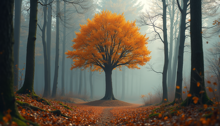 Eye-level view of a sturdy tree standing tall through changing seasons in a forest