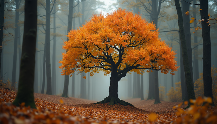 Eye-level view of a sturdy tree standing strong through changing seasons in a forest