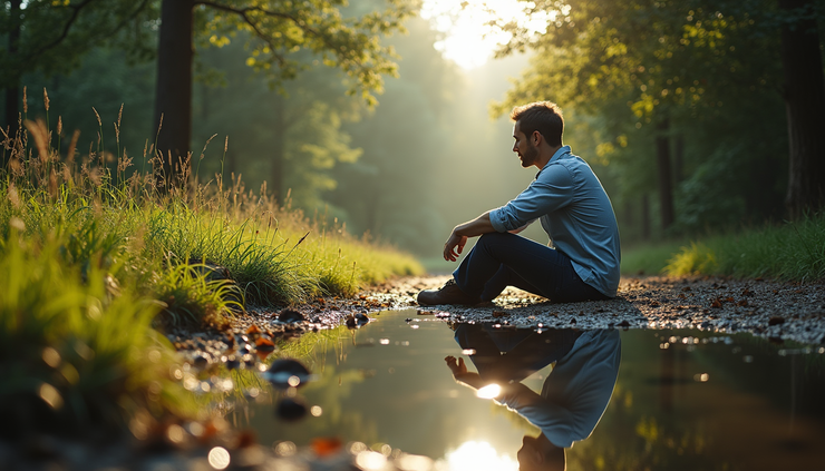 Eye-level view of a man sitting quietly in a natural setting, reflecting