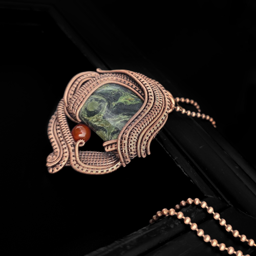 Kambaba Jasper and Carnelian, Wire Wrap Copper Pendant Nicole