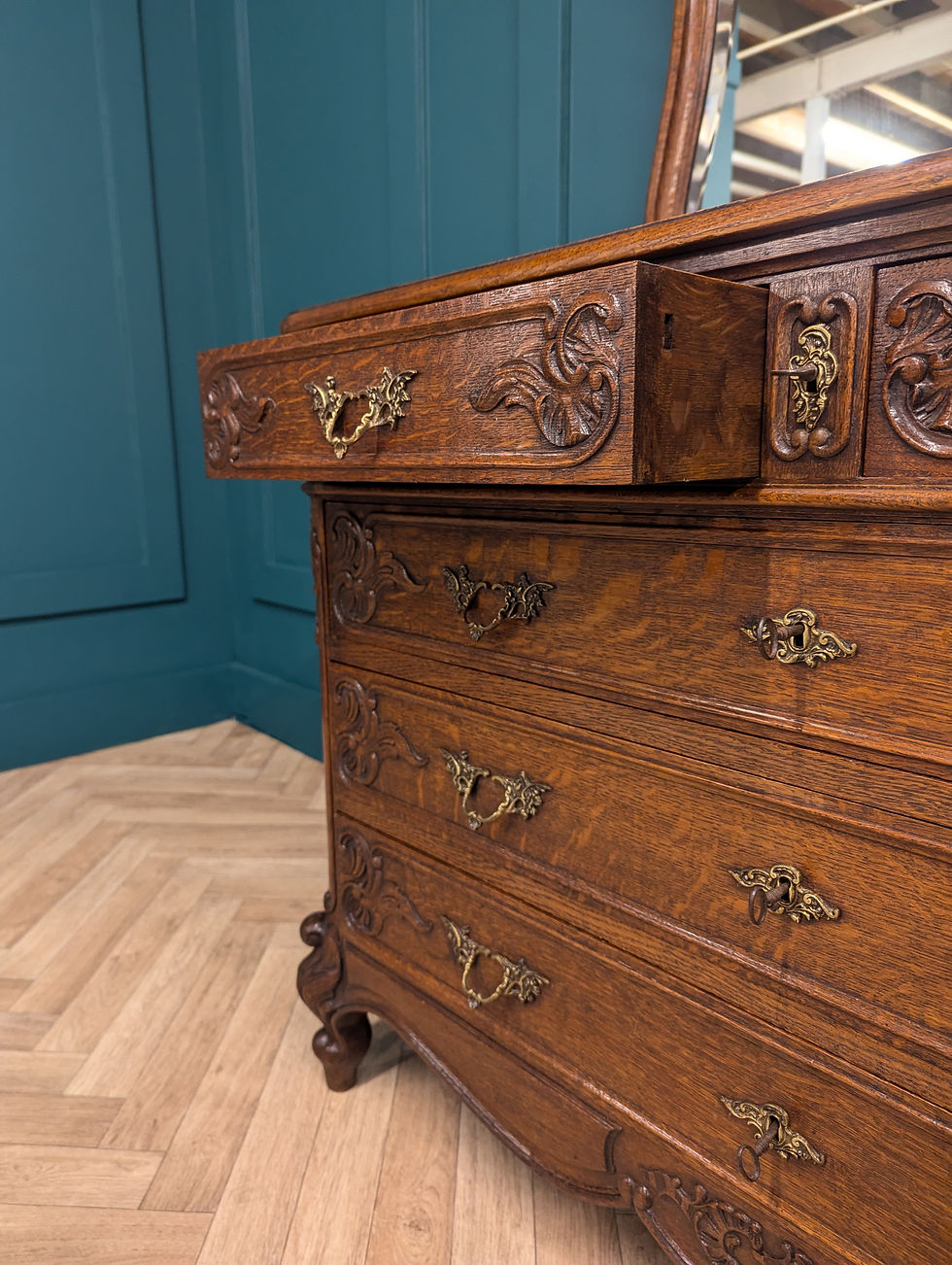 Carved Oak Chest of Drawers with Ornate Mirror