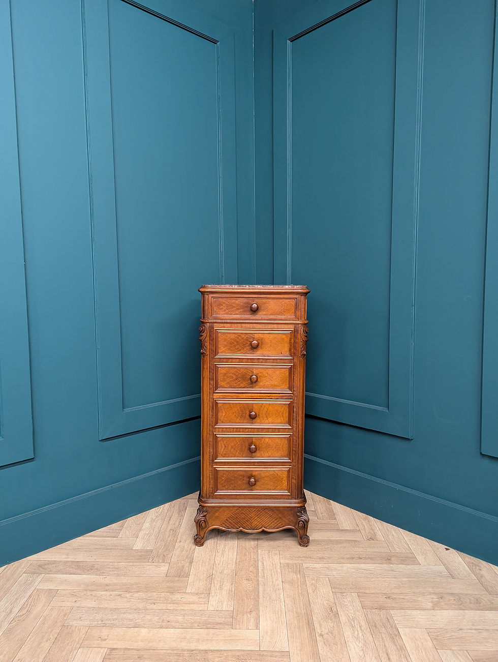 Tall Antique French Walnut Cabinet– Marble Top, 6 Drawers & Hidden Storage