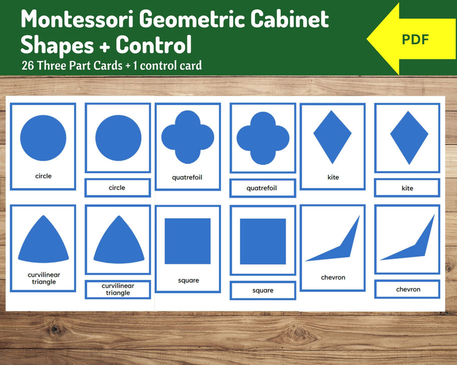 Montessori Geometric Cabinet Shapes | 26 Three Part Cards + 1 Control Card