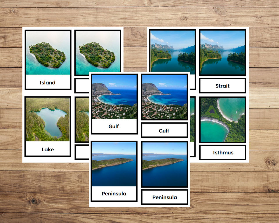 Land and Water Forms | 18 Three Part Cards + 18 Description Cards | Primary