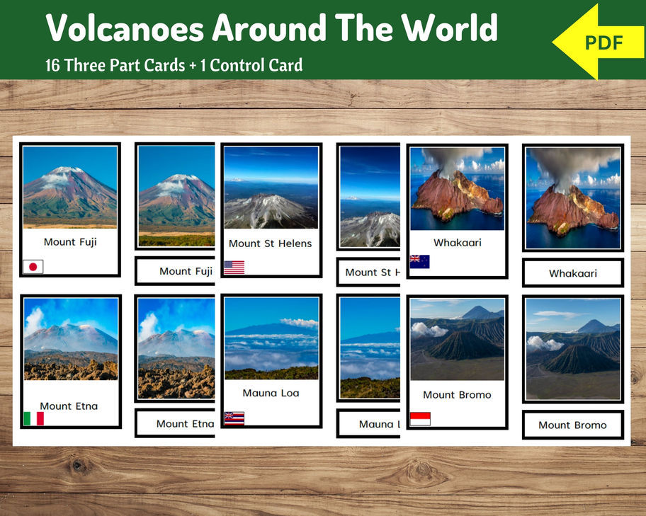 Volcanoes Around the World | 16 sets of 3-part cards + Control Chart