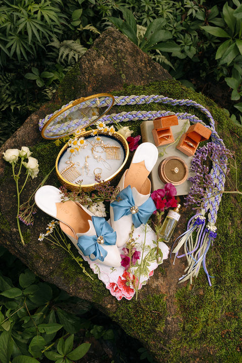 ethereal flat lay wedding detail photo