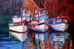 Oil painting painting of fishing boats reflecting in water