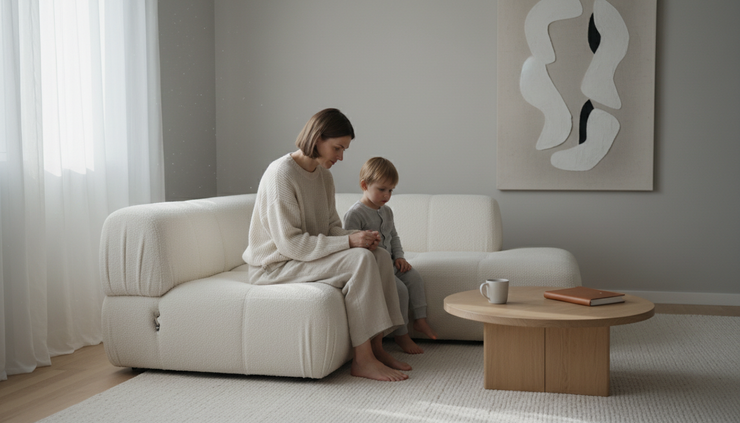 Eye-level view of a mother and child sitting quietly on a soft cream couch
