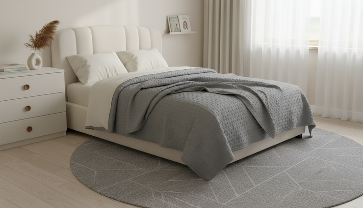 Wide-angle view of a quiet bedroom with a weighted blanket folded on the bed