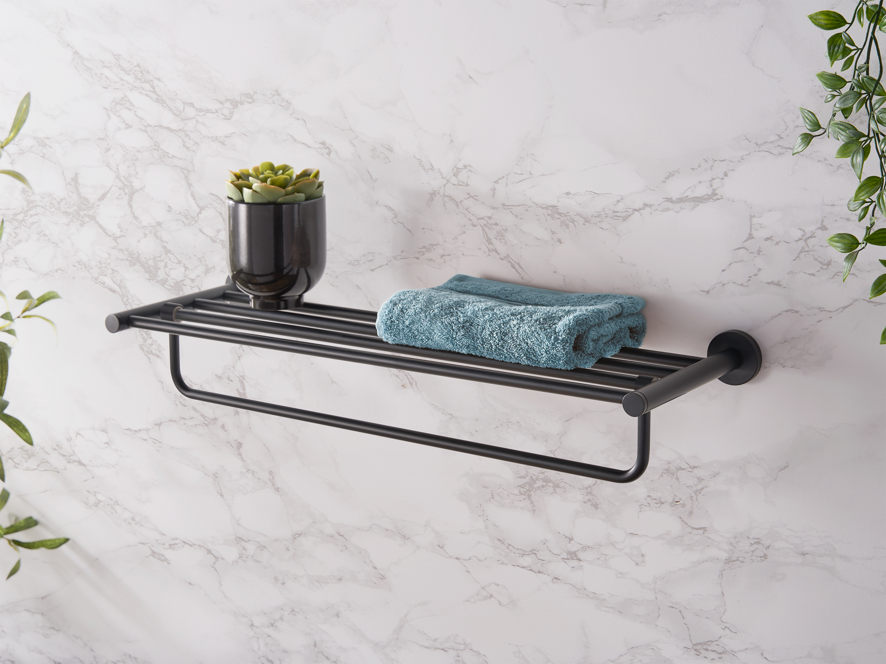 Harrogate Towel Rail with Shelf in Black view 2