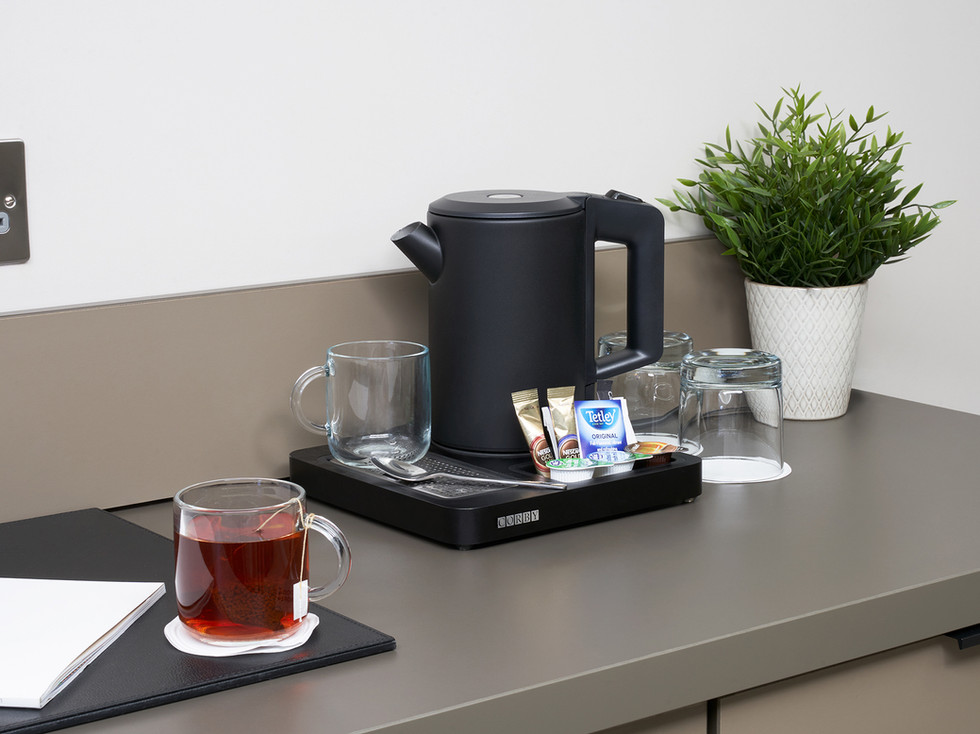Angled lifestyle image of the Canterbury Compact Welcome Tray in Black