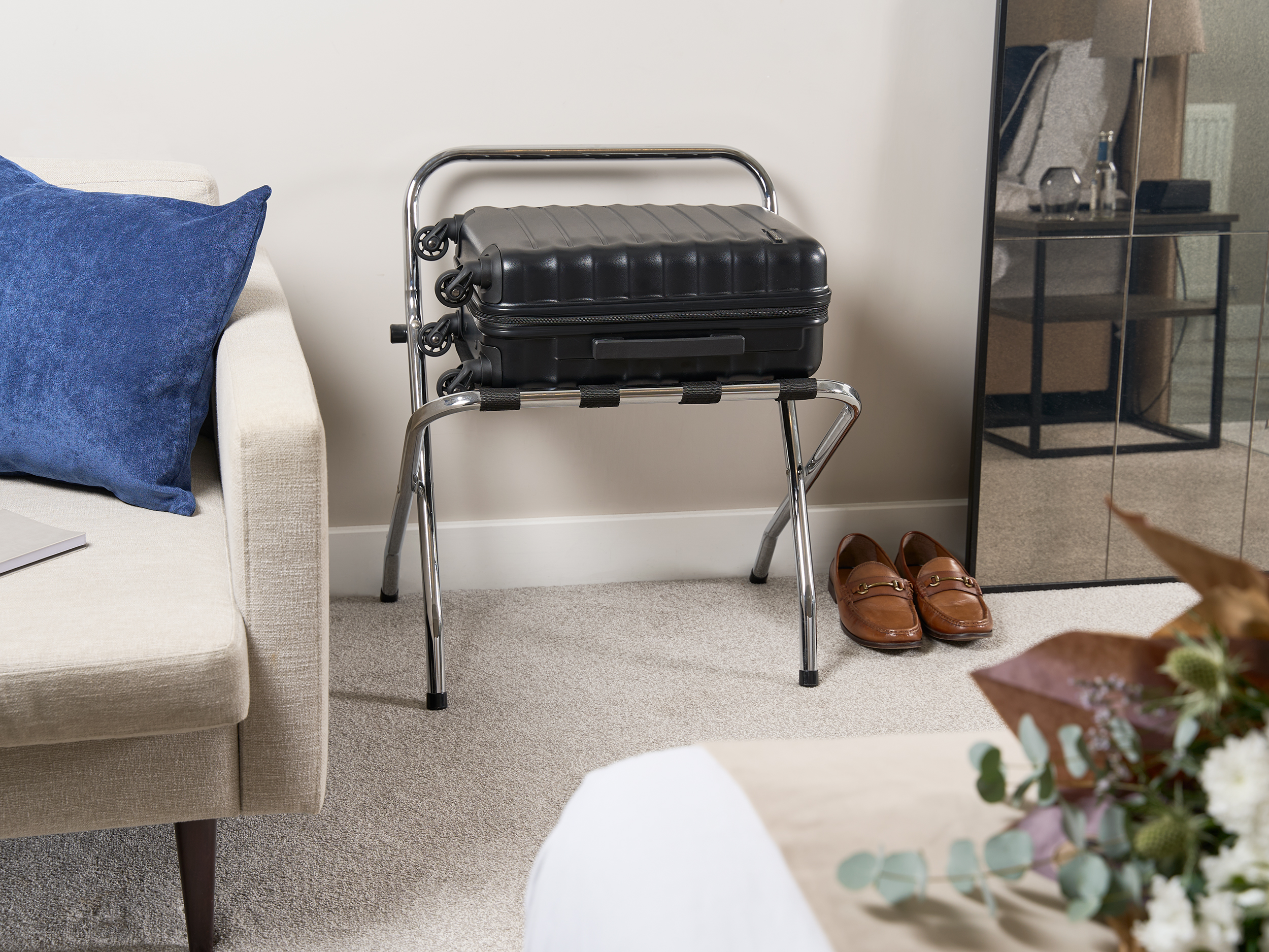 Metal Luggage Rack with Back (Ashton / LGR0001) in Polished Steel view 6