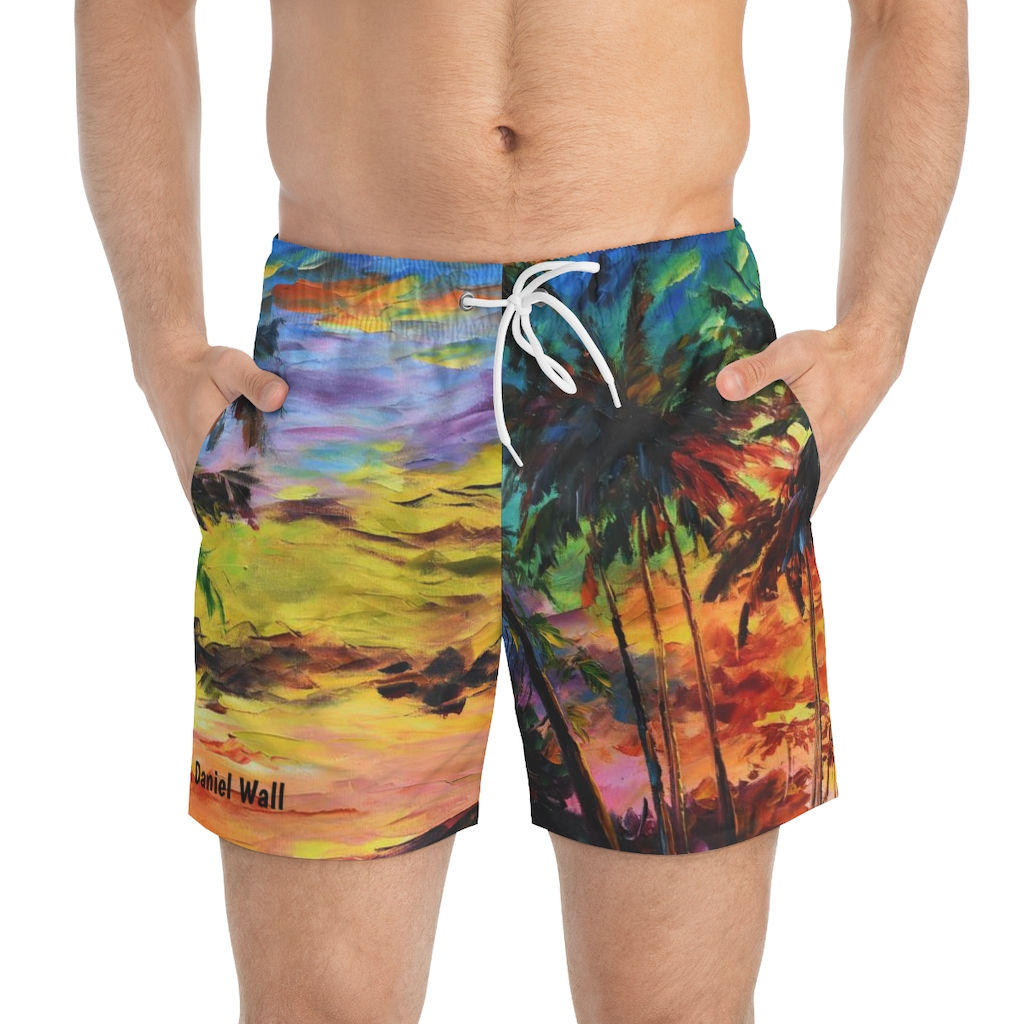 Mens Daniel Wall Art Beautiful Ocean Beach Palm Tree Sunset Swim Trunks