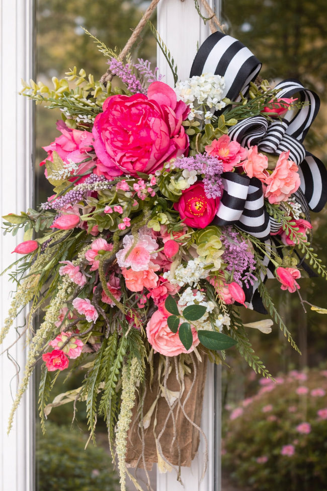 Thumbnail: Pink Peony Greenery Floral Door Basket, Black White Ribbon