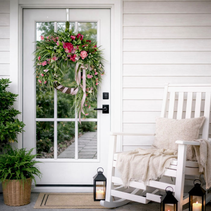 Thumbnail: Pink Floral Grapevine Wreath | Spring Summer Door Decor