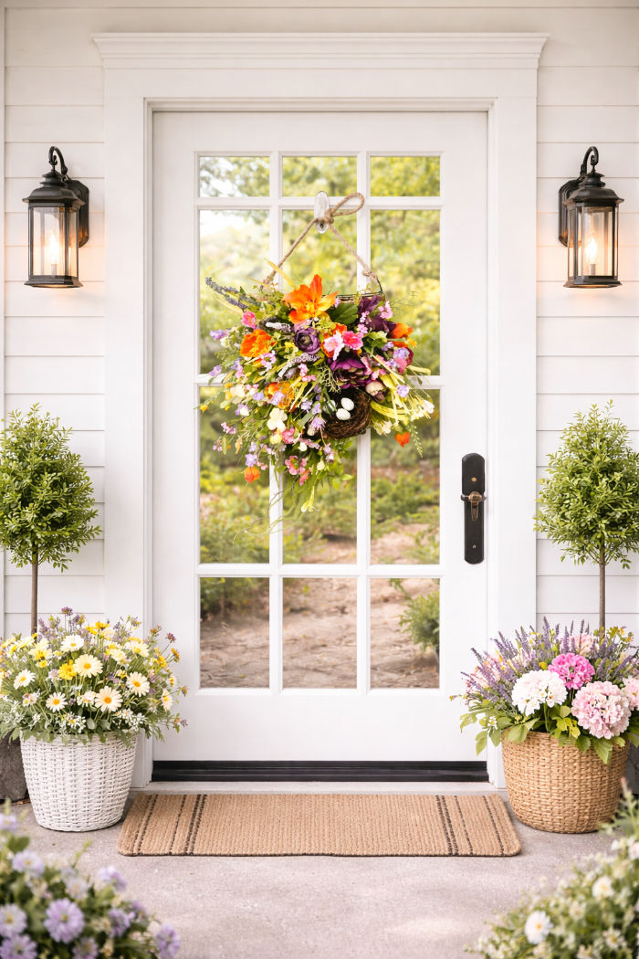 Thumbnail: Summer Wreath, Wicker Basket, Floral Arrangement with Bird Nest, Speckled Eggs