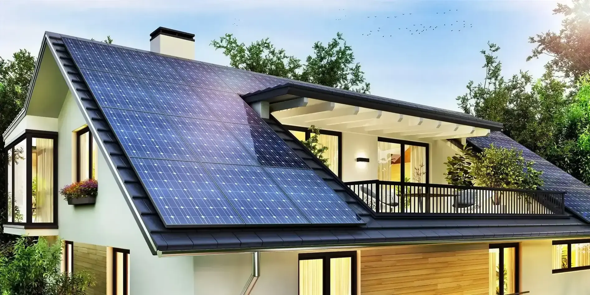 Ein saniertes Dach mit einer Photovoltaikanlage für erneuerbare Energien.